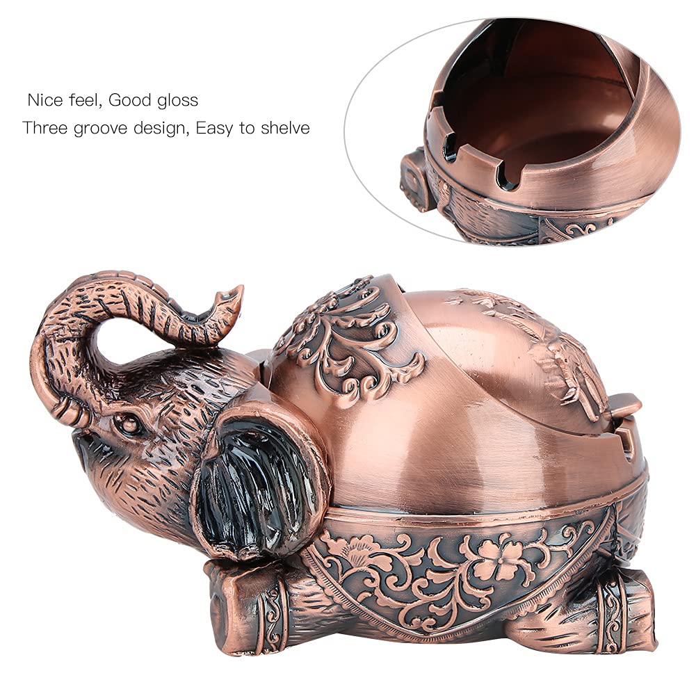 Metal Ashtray with Cover Male Gift Sealed Anti Fall Windproof Smoking Set Ornaments (Crouching Copper Elephant)