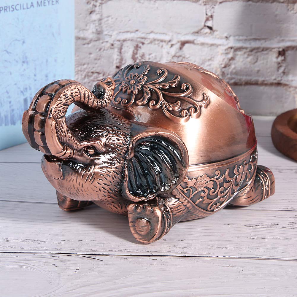 Metal Ashtray with Cover Male Gift Sealed Anti Fall Windproof Smoking Set Ornaments (Crouching Copper Elephant)