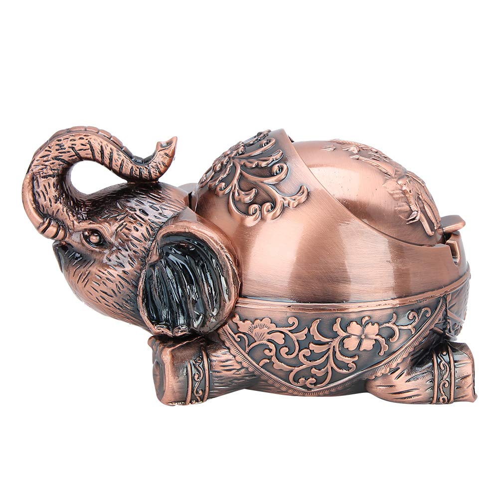 Metal Ashtray with Cover Male Gift Sealed Anti Fall Windproof Smoking Set Ornaments (Crouching Copper Elephant)