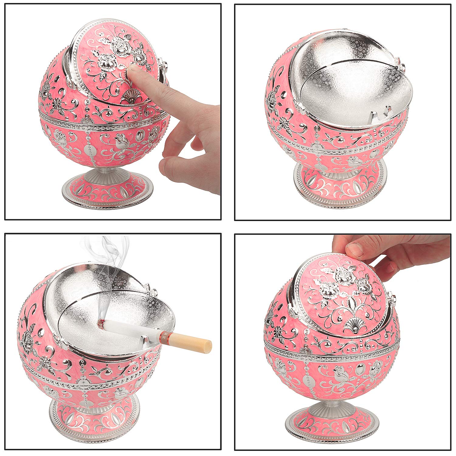 Windproof Ashtray with Lid for Cigarettes Metal Portable Cigar Ashtray Odor Eliminator for Indoor outdoor Hand Stamped Rose Pattern with Sparkle Fancy Gift for Men Women-Pink&silver