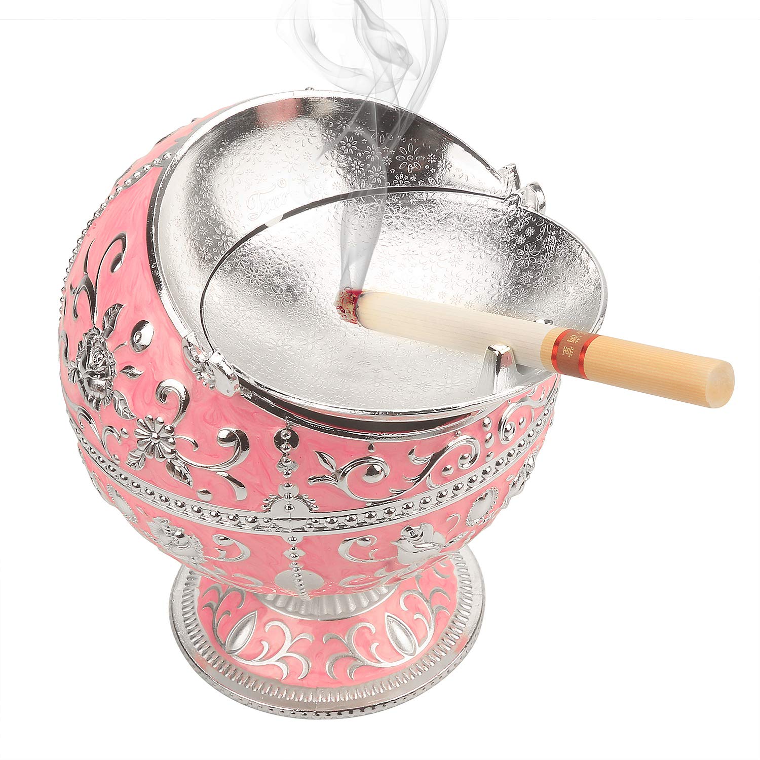 Windproof Ashtray with Lid for Cigarettes Metal Portable Cigar Ashtray Odor Eliminator for Indoor outdoor Hand Stamped Rose Pattern with Sparkle Fancy Gift for Men Women-Pink&silver