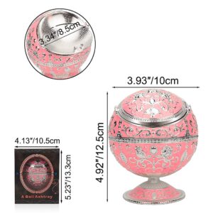 Windproof Ashtray with Lid for Cigarettes Metal Portable Cigar Ashtray Odor Eliminator for Indoor outdoor Hand Stamped Rose Pattern with Sparkle Fancy Gift for Men Women-Pink&silver