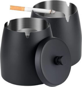 outdoor cigarette ashtray with lid smokeless stainless steel ash trays covered windproof smell proof ashtrays for outside patio (black, large, pack of 2)