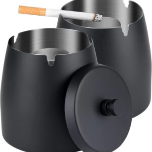 Outdoor Cigarette Ashtray with Lid Smokeless Stainless Steel Ash Trays Covered Windproof Smell Proof Ashtrays for Outside Patio (Black, Large, Pack of 2)