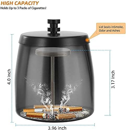 Outdoor Cigarette Ashtray with Lid Smokeless Stainless Steel Ash Trays Covered Windproof Smell Proof Ashtrays for Outside Patio (Black, Large, Pack of 2)