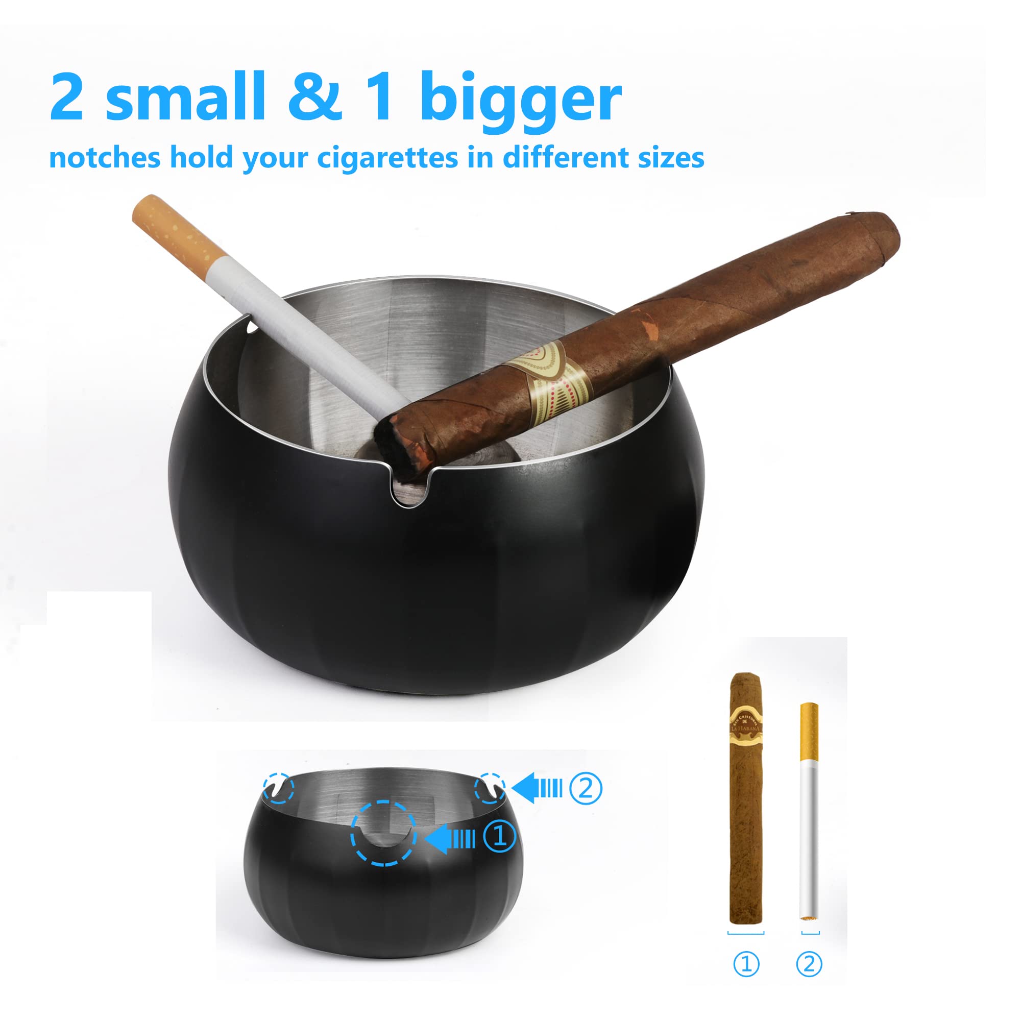 Ashtray for Cigarette JSVER Stainless Steel Ashtray, Smokeless Odorless Ash Tray with Lids, Tabletop Ashtrays For Home Office Outdoor Balcony (Black)