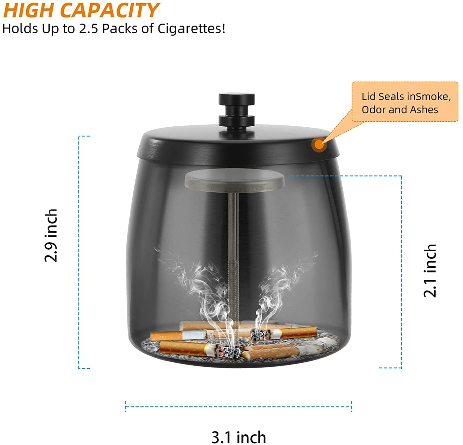 Outdoor Cigarette Ashtray with Lid Smokeless Stainless Steel Ash Trays Covered Windproof Smell Proof Ashtrays for Outside Patio Home Odorless Office Tabletop, Small(3.1"x2.9"x3.1")