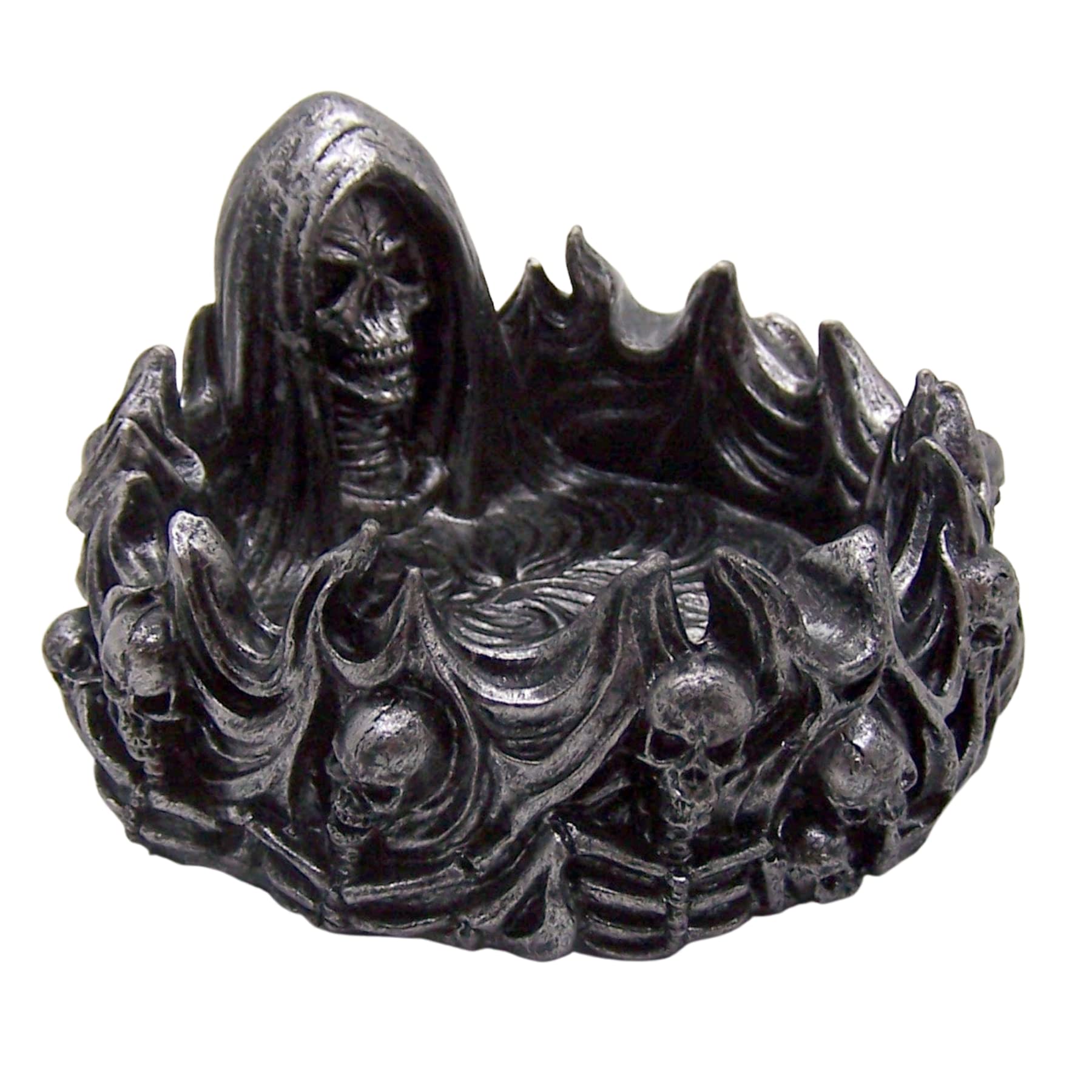 Spooky Grim Reaper Ashtray with Skulls, Freestanding Halloween Decoration, Gothic Accent Piece, 4.75 Inches