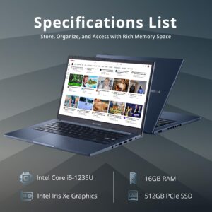 ASUS Vivobook 14" FHD Business Laptop, Intel Core i5 1235U, 16GB RAM, 512GB PCIe SSD, Iris Xe Graphics, Backlit Keyboard, Fingerprint Sensor, HD Camera, WiFi 6, Win 11 Pro, Blue, 32GB Hotface USB Card