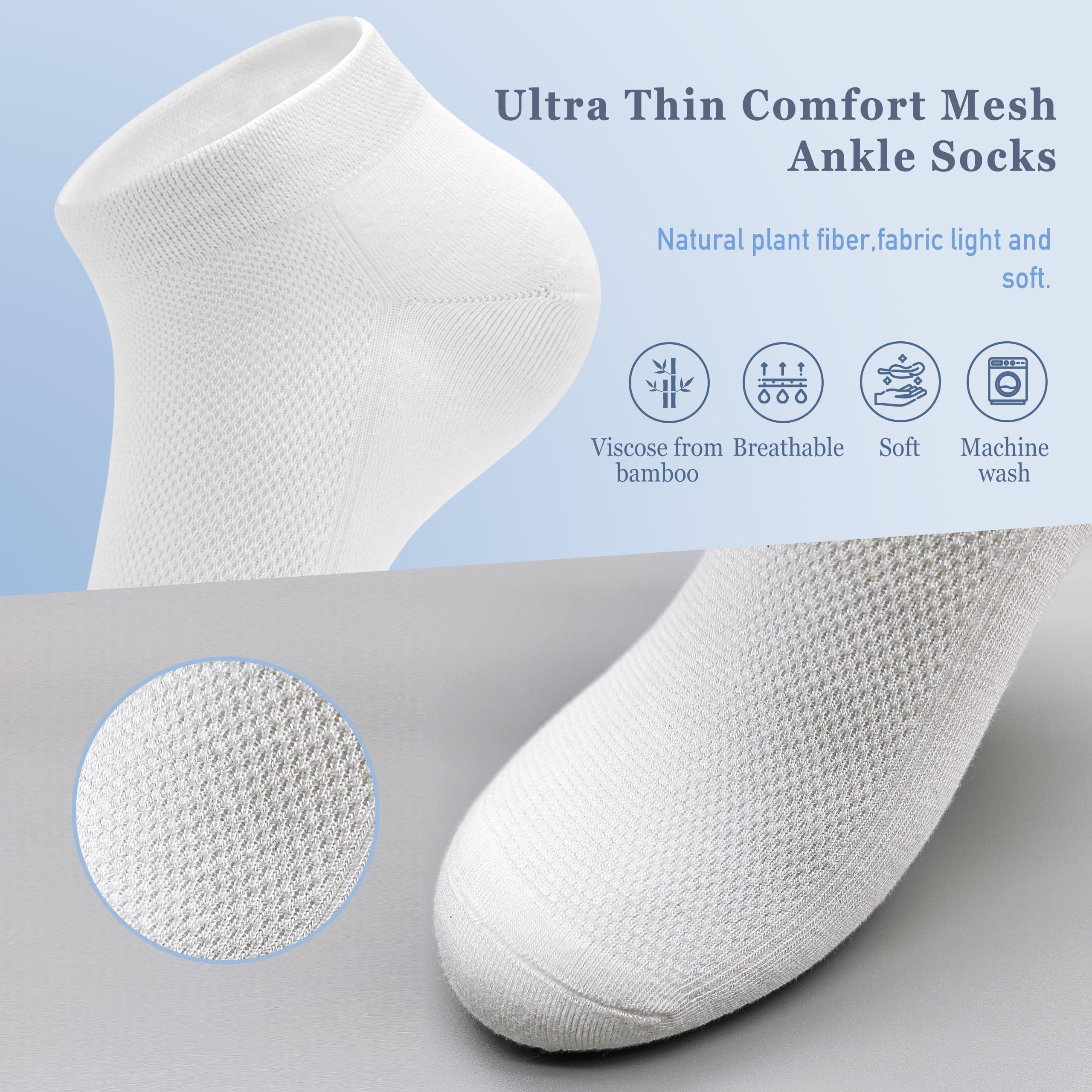 Women Ankle Soft Ultra Thin Mesh Beathable Viscose Bamboo Anti Odor Summer Cool Socks Low Cut Sock 5 Pairs,4-8/9-11(White, Medium)