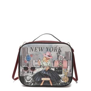 Nicole Lee Travel Handbag Crossbody Set with 3 Fashion Print Makeup Pouches, Women's Cosmetic Toiletry Organizer (Success in New York)