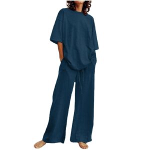 zdrzk overstock items clearance all prime womens suits 2 piece set plus size 2 piece outfits for women vacation linen sets oversized half sleeve tshirts wide leg long pants lounge set dark blue 3x