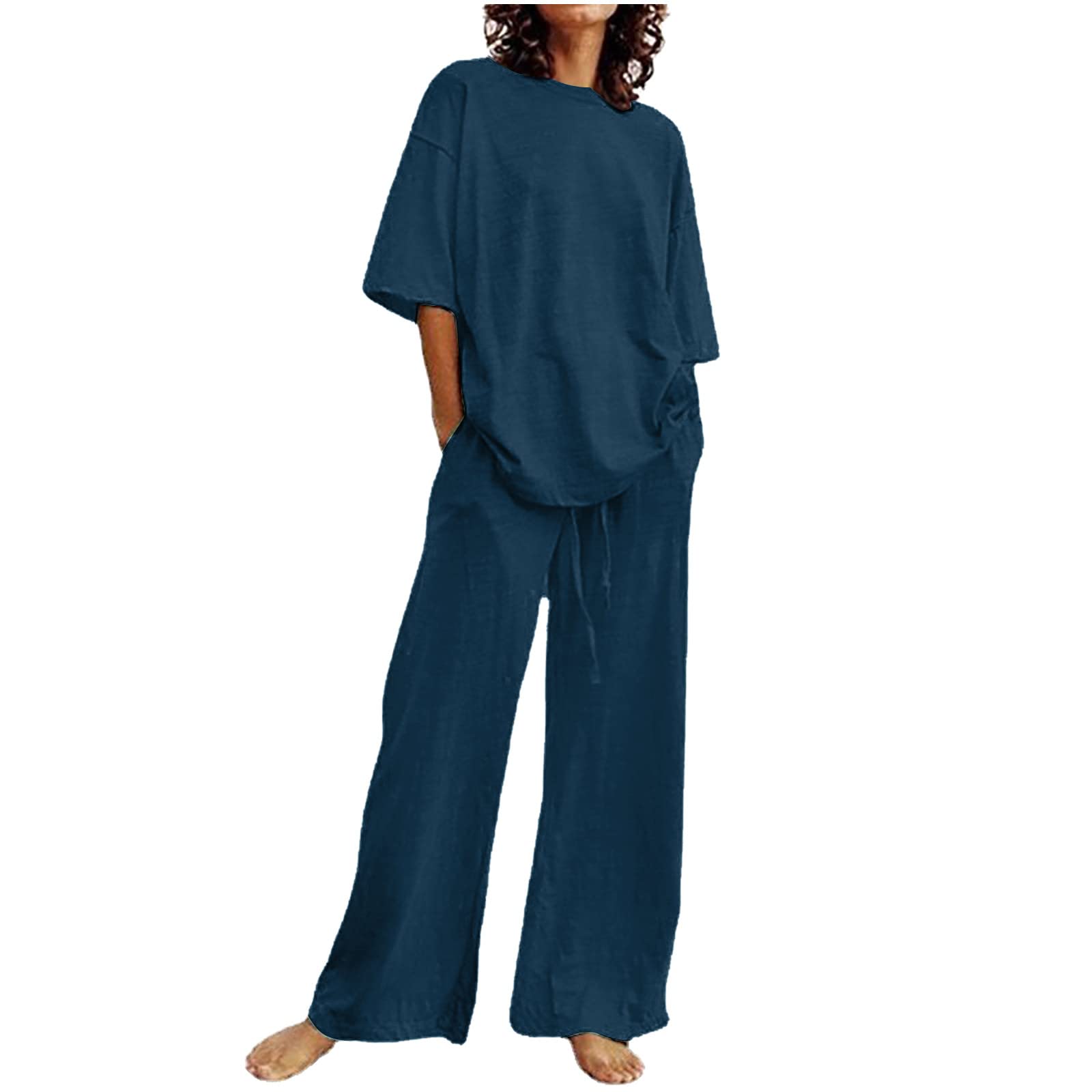 ZDRZK Overstock Items Clearance All Prime Womens Suits 2 Piece Set Plus Size 2 Piece Outfits For Women Vacation Linen Sets Oversized Half Sleeve Tshirts Wide Leg Long Pants Lounge Set Dark Blue 3X