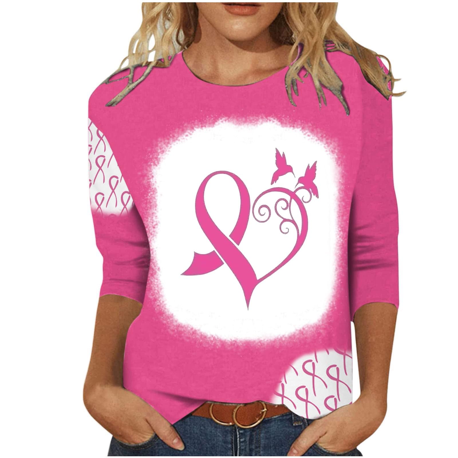 warehouse clearance Breast Cancer Awareness Shirts for Women Fashion Color Ribbon Print Pullover Blouses 3/4 Sleeve Causal Tee Tshirt oversized graphic sweatshirt for women Pink S