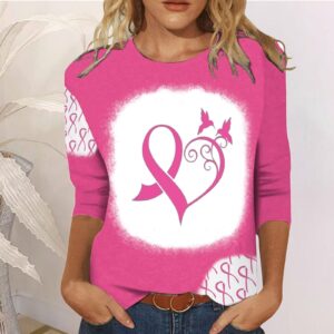 warehouse clearance Breast Cancer Awareness Shirts for Women Fashion Color Ribbon Print Pullover Blouses 3/4 Sleeve Causal Tee Tshirt oversized graphic sweatshirt for women Pink S