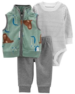 carter's baby boys' 3 piece little vest set, penguin/walrus/green, 12m