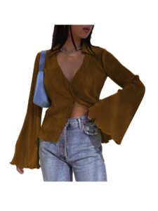 lyaner women's deep v neck button front bell long sleeve blouse shirt top brown small