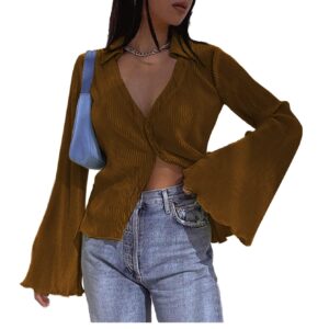 LYANER Women's Deep V Neck Button Front Bell Long Sleeve Blouse Shirt Top Brown Small