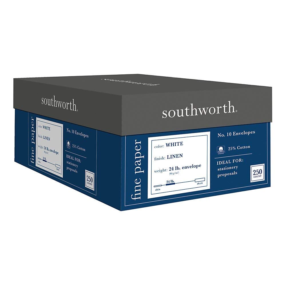 Southworth 24% Cotton #10 Envelopes, 4.125" x 9.5", 24 lb/90 GSM, Linen Finish, White, 250 Count - Packaging May Vary (J554-10)