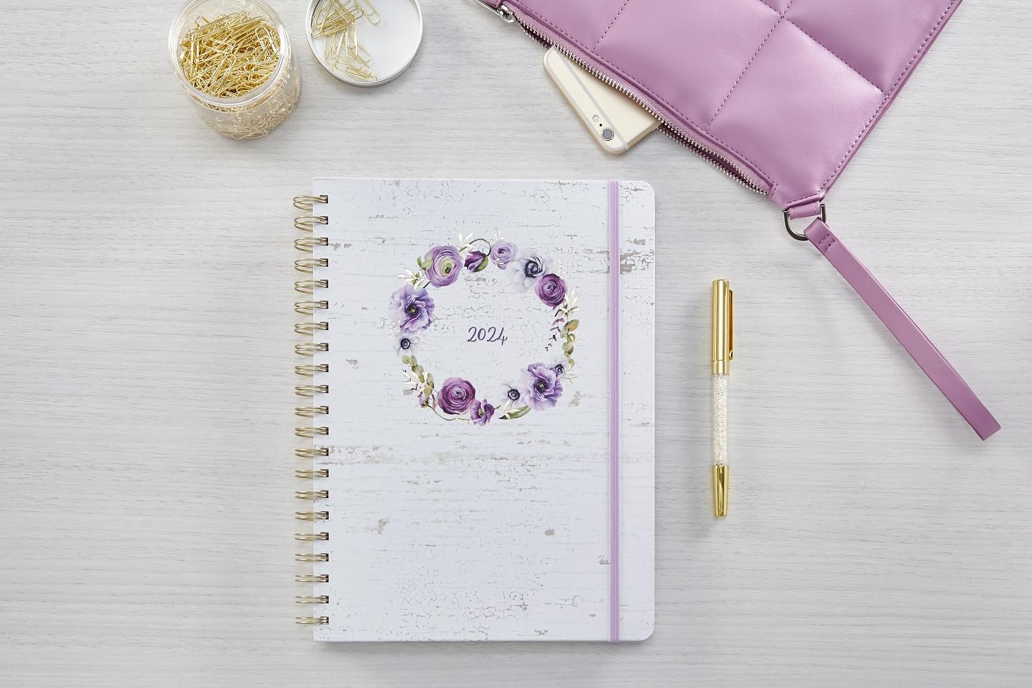 Southworth Planner (January 2024-December 2024), 8.5" x 11", Sweet Purple Rustic Wreath, Premium 28#/105 gsm Paper, Large Twin Wire (91023)