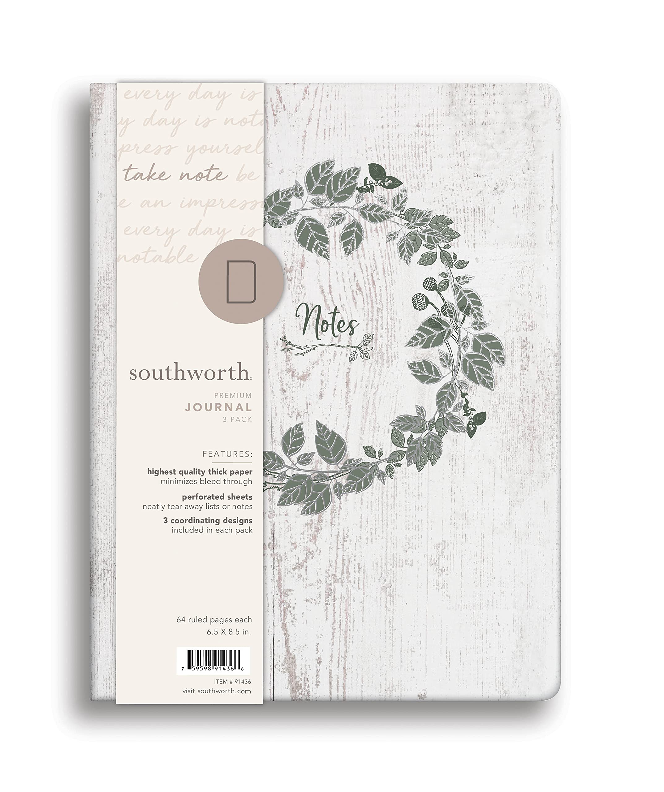 Southworth Large Flex 3-Pack Journals, 6.5" x 8.5", Rustic and Weathered Design, Premium 24 lb/89 gsm Paper, 64 Lined Sheets Each (91436)