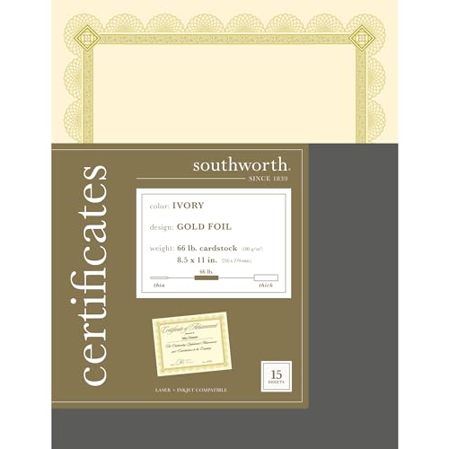 Southworth® Premium Foil Certificates, 8 1/2" x 11", 66 Lb, Ivory/Gold Foil Spiro, Pack of 15