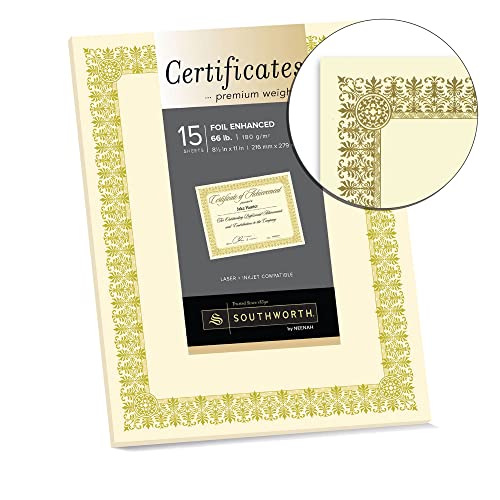 Southworth® Premium Foil Certificates, 8 1/2" x 11", 66 Lb, Ivory/Gold Foil Spiro, Pack of 15