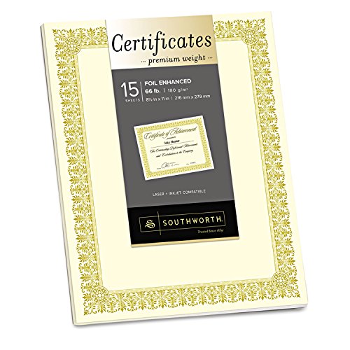 Southworth® Premium Foil Certificates, 8 1/2" x 11", 66 Lb, Ivory/Gold Foil Fleur, Pack Of 15