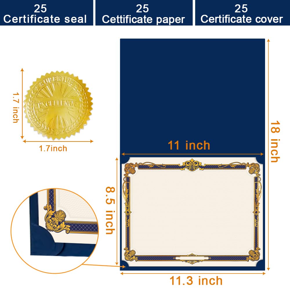 75 Pcs Certificate Kit, 25 Gold foil Certificate Holders & 25 Certificate Paper & 25 Certificate Seals Stickers for Graduation Diploma, Award Accomplishment.