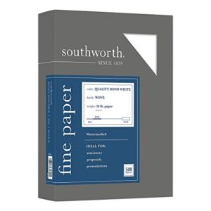 Southworth Products,Southworth,Fine Quality Bond Paper, 20 lbs., 8-1/2x11, White, 500/Box,Sold As 1 Box,Watermarked and date-coded.,Regular finish.,Acid- and lignin-free for archival quality.