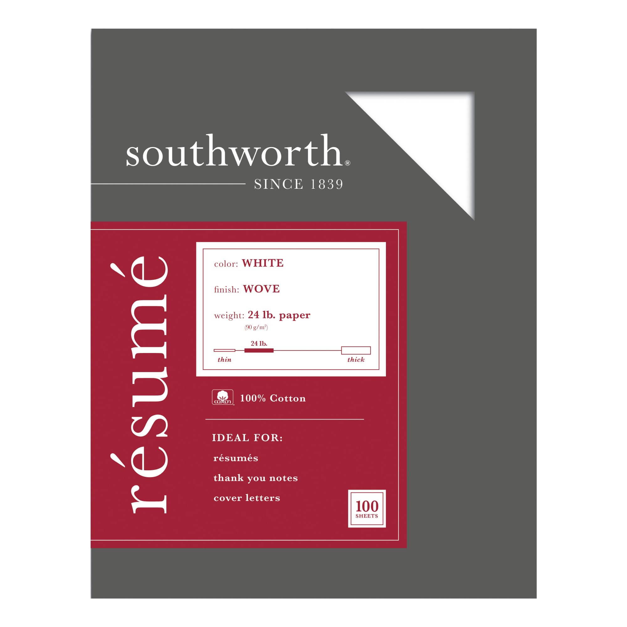 Southworth® 100% Cotton Résumé Paper, 8 1/2" x 11", 24 Lb, 100% Recycled, White, Pack Of 100