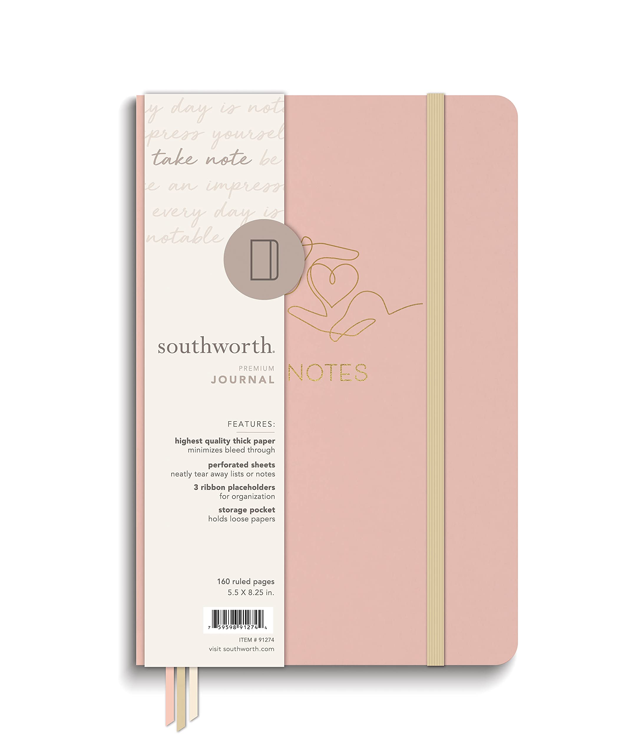 Southworth Medium Case Bound Journal, 5.5" x 8.25", Cashmere Sweet Heart Design, Premium 28 lb/105 gsm Paper, 160 Lined Sheets (91274)