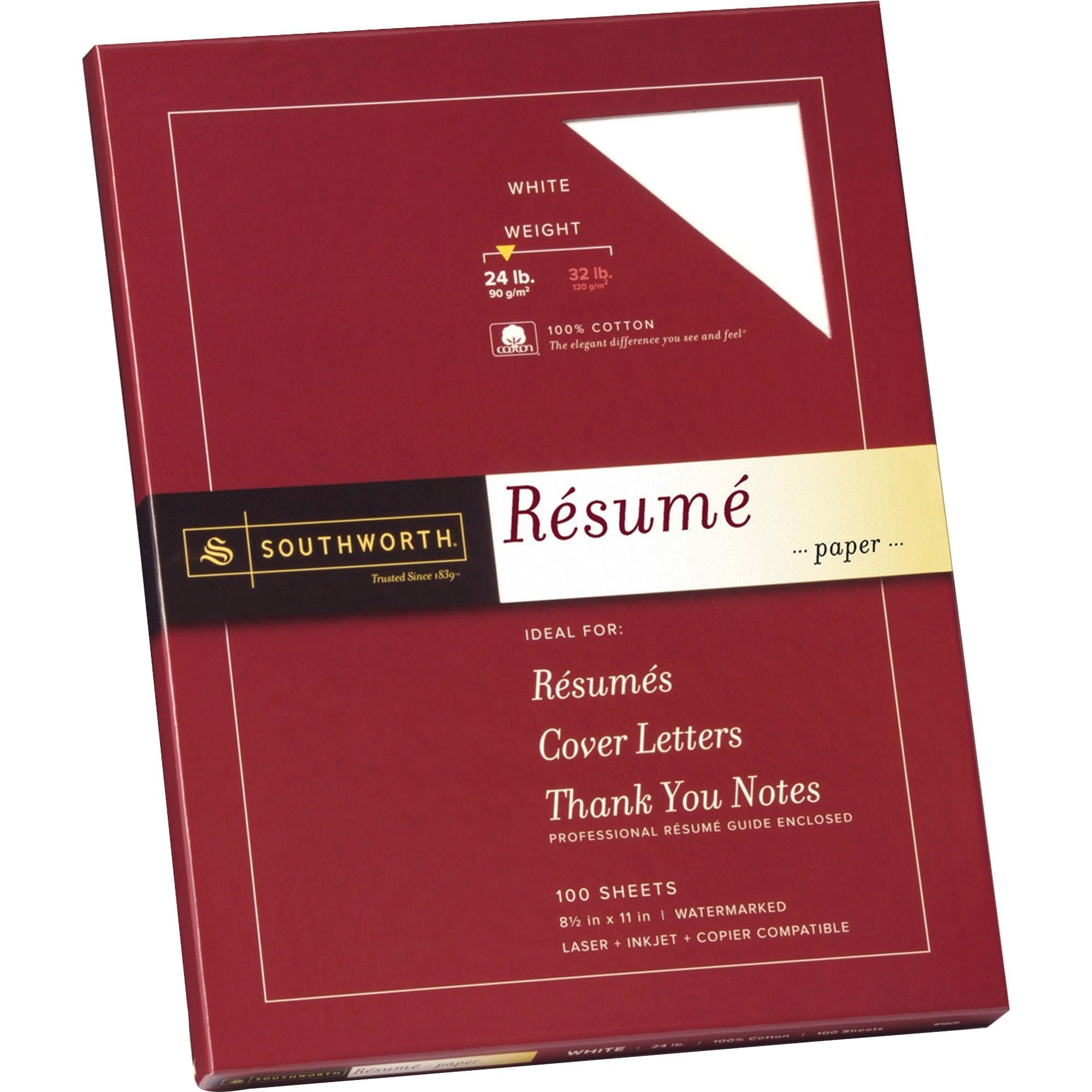 Southworth® 100% Cotton Résumé Paper, 8 1/2" x 11", 24 Lb, 100% Recycled, White, Pack Of 100