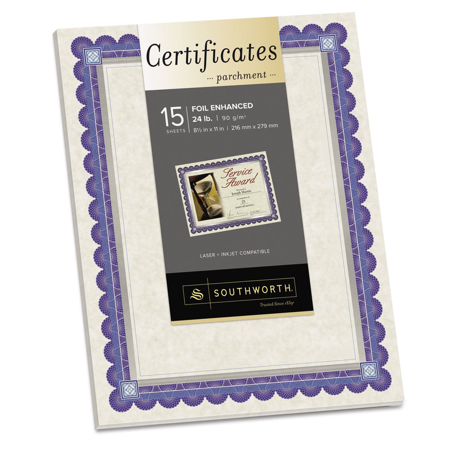 Southworth CT1R Foil-Enhanced Parchment Certificates Ivory/Blue/Silver 24 lb 8.5 x 11 15/Pk
