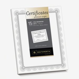 Southworth Premium Certificates, 8.5 X 11, White/Silver with Spiro Silver Foil Border,15/Pack