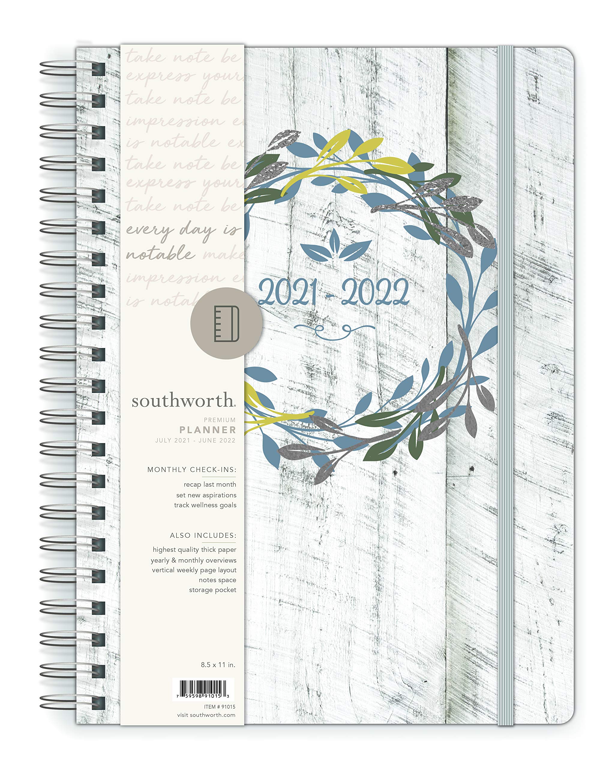 Southworth Academic Planner (July 2021-June 2022), 8.5" x 11", Rustic Floral Wreath, 28 lb./105 GSM Paper, Large Twin Wire (91015)