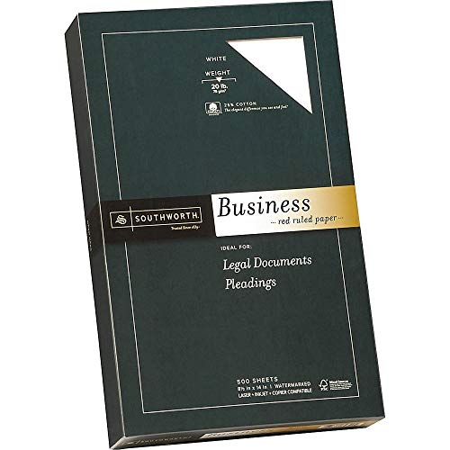 Southworth 25% Cotton Business Paper, Ruled, 95 Bright, 20 lb Bond Weight, 8.5 x 14, White, 500 Sheets/Ream