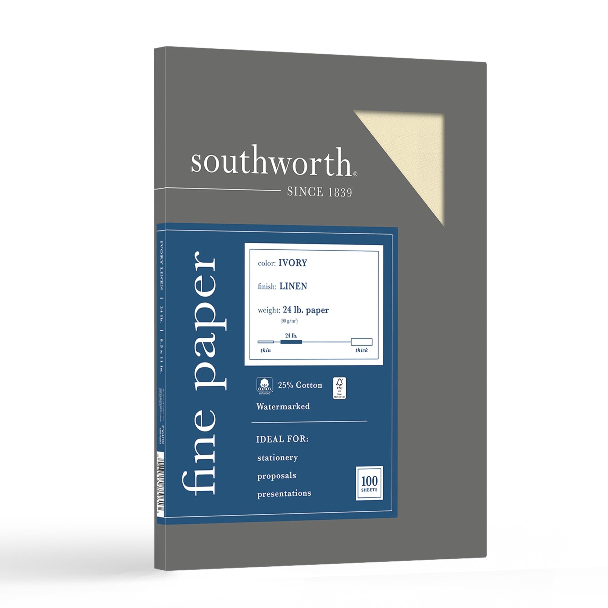 Southworth® 25% Cotton Linen Business Paper, Ivory, Letter (8.5" x 11"), 100 Sheets Per Pack, 24 Lb, 94 Brightness