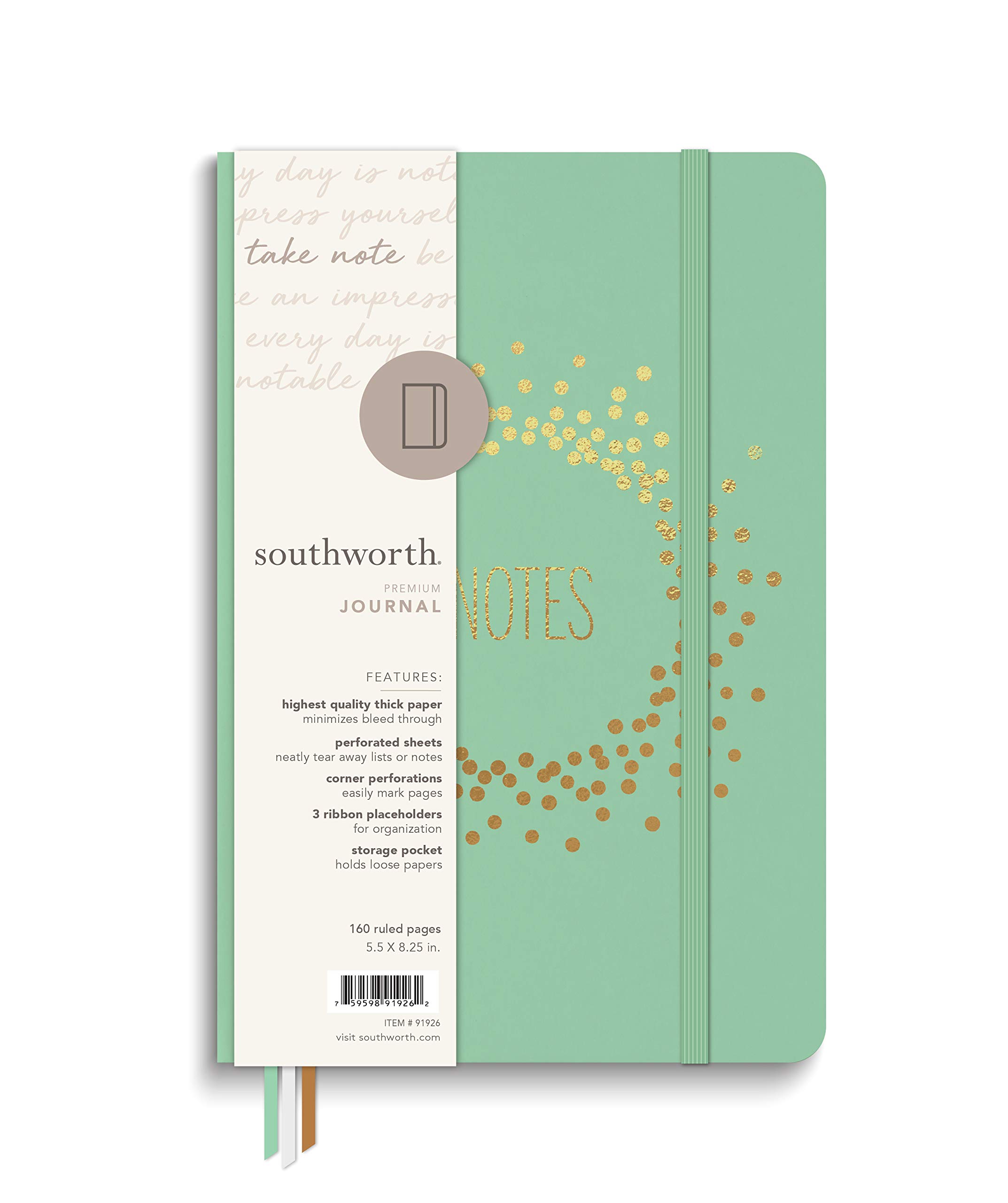 Southworth Premium Journal, 5.5”x 8.25”, Mint Burst Design, Premium 28lb/105gsm Paper, Medium Book Bound Journal, 3 Ribbon Placeholders, 80 Ruled Sheets/160 Ruled Pages (91926)