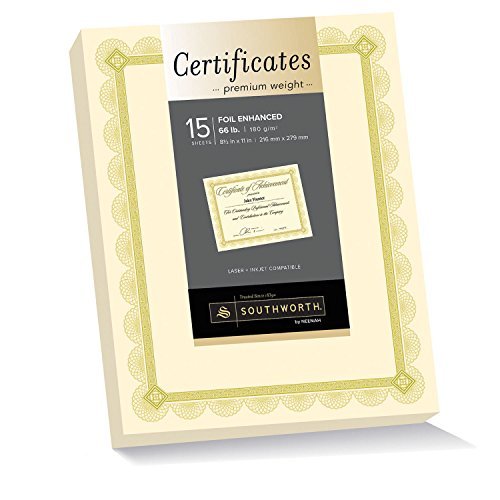 Southworth Premium Weight Foil-Enhanced Certificates, 8.5 x 11 Inches, 66 lb, Spiro Design, Ivory with Gold Foil, 15 Count (CTP2V) by Southworth