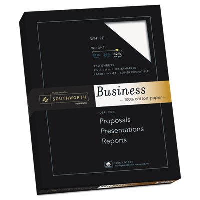 Southworth - 100% Cotton Business Paper, White, 32 lbs., 8-1/2 x 11, 250/Box - Sold As 1 Box - 100% cotton conveys prestige with an unmistakable feel.