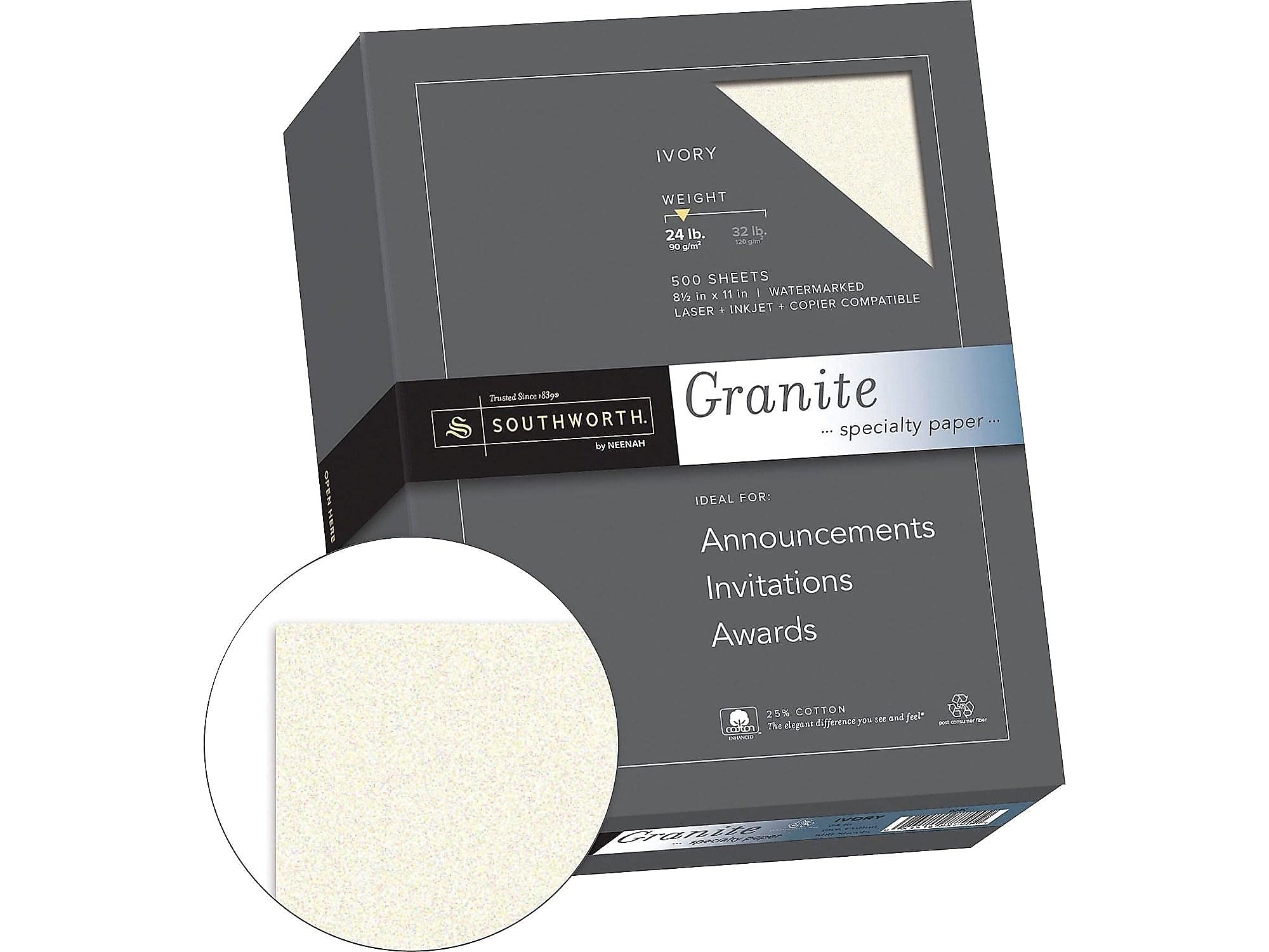 Southworth 934C Granite Specialty Paper Ivory 24 lbs. 8-1/2 x 11 25% Cotton 500/Box