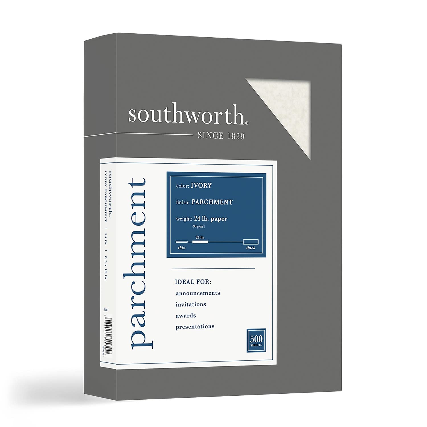 Southworth Parchment Specialty Paper, 24 lb Bond Weight, 8.5 x 11, Ivory, 500/Ream