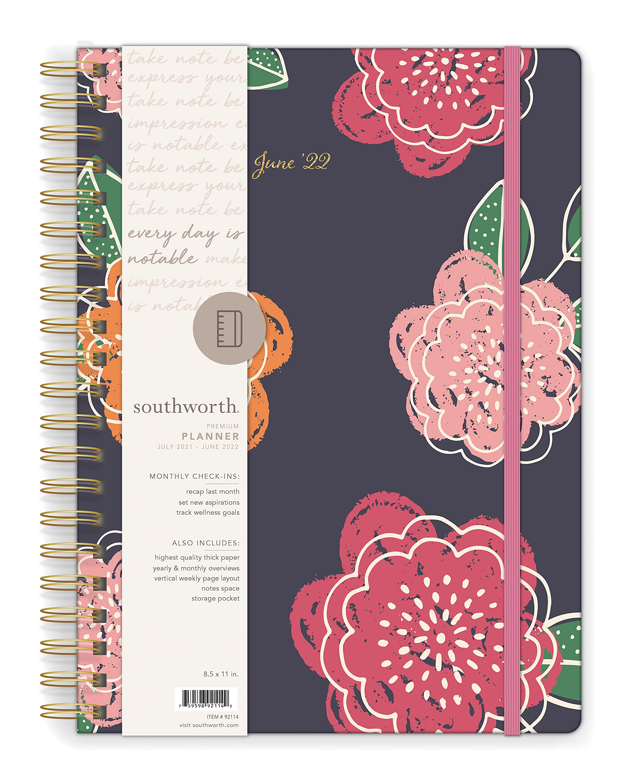 Southworth Academic Planner (July 2021-June 2022), 8.5" x 11" Bright Floral, 28 lb./105 gsm Paper, Large Twin Wire (92114)