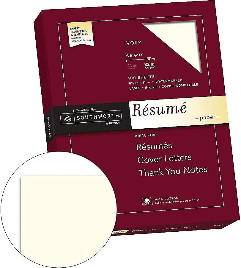 Southworth 100% Cotton Resume Paper, ivory, 8 1/2 in x 11 in (SOURD18ICF)