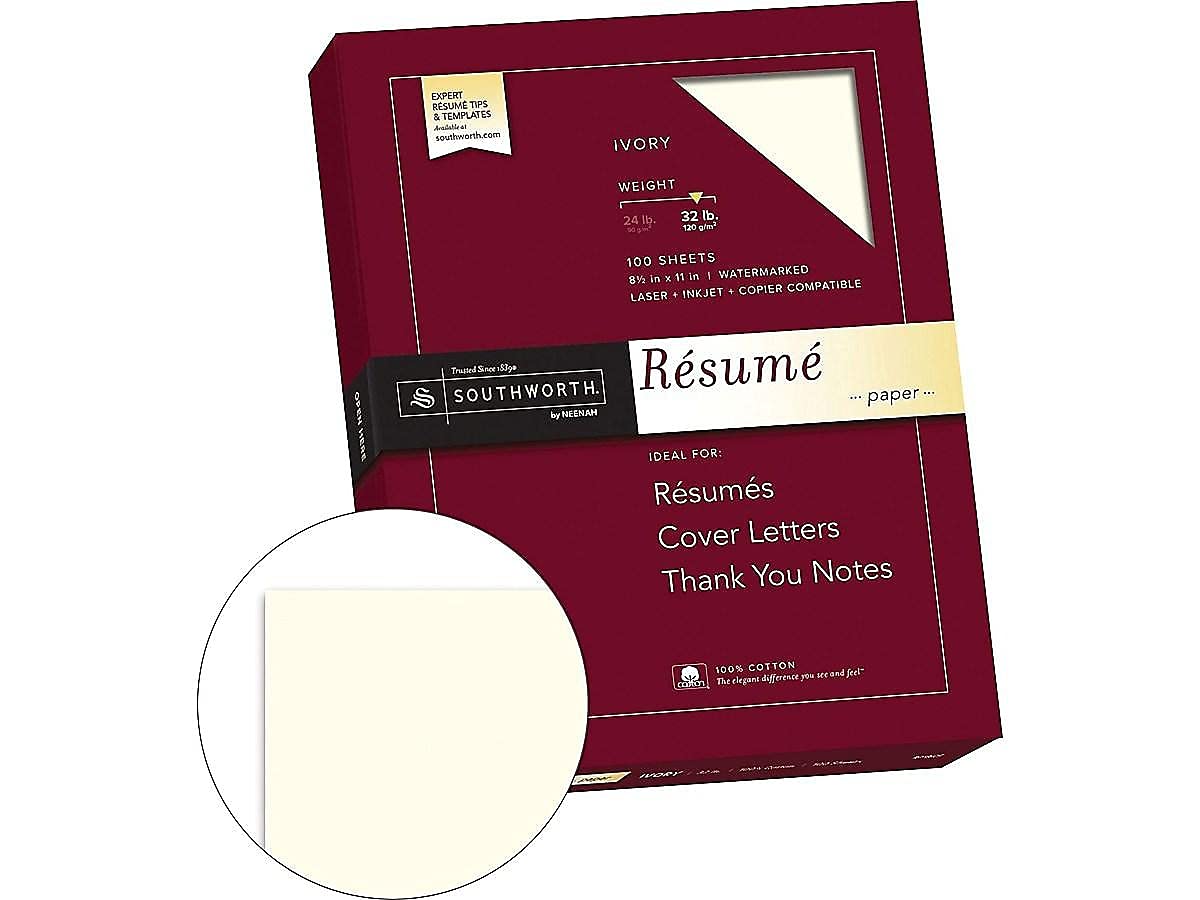 Southworth 100% Cotton Resume Paper, ivory, 8 1/2 in x 11 in (SOURD18ICF)