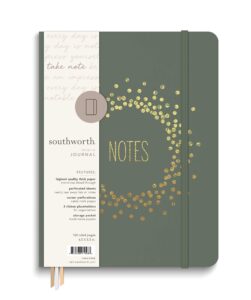 southworth premium journal, 6.5”x 8.5”, sage copper burst design, premium 28lb/105gsm paper, large book bound journal, 3 ribbon placeholders, 80 ruled sheets/160 ruled pages (91928)