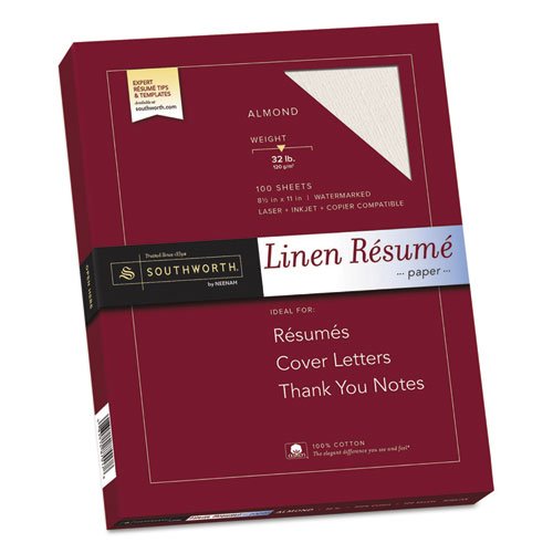 Southworth Linen Resume Paper - Letter - 8.5'' x 11'' - 32lb - Recycled - Linen - 100 / Box - Almond