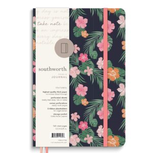 Southworth Premium Journal, 5.5” x 8.25”, Tropical Hibiscus Design, Premium 28lb/105gsm Paper, Medium Book Bound Journal, 3 Ribbon Placeholders, 80 Ruled Sheets/160 Ruled Pages (91932)