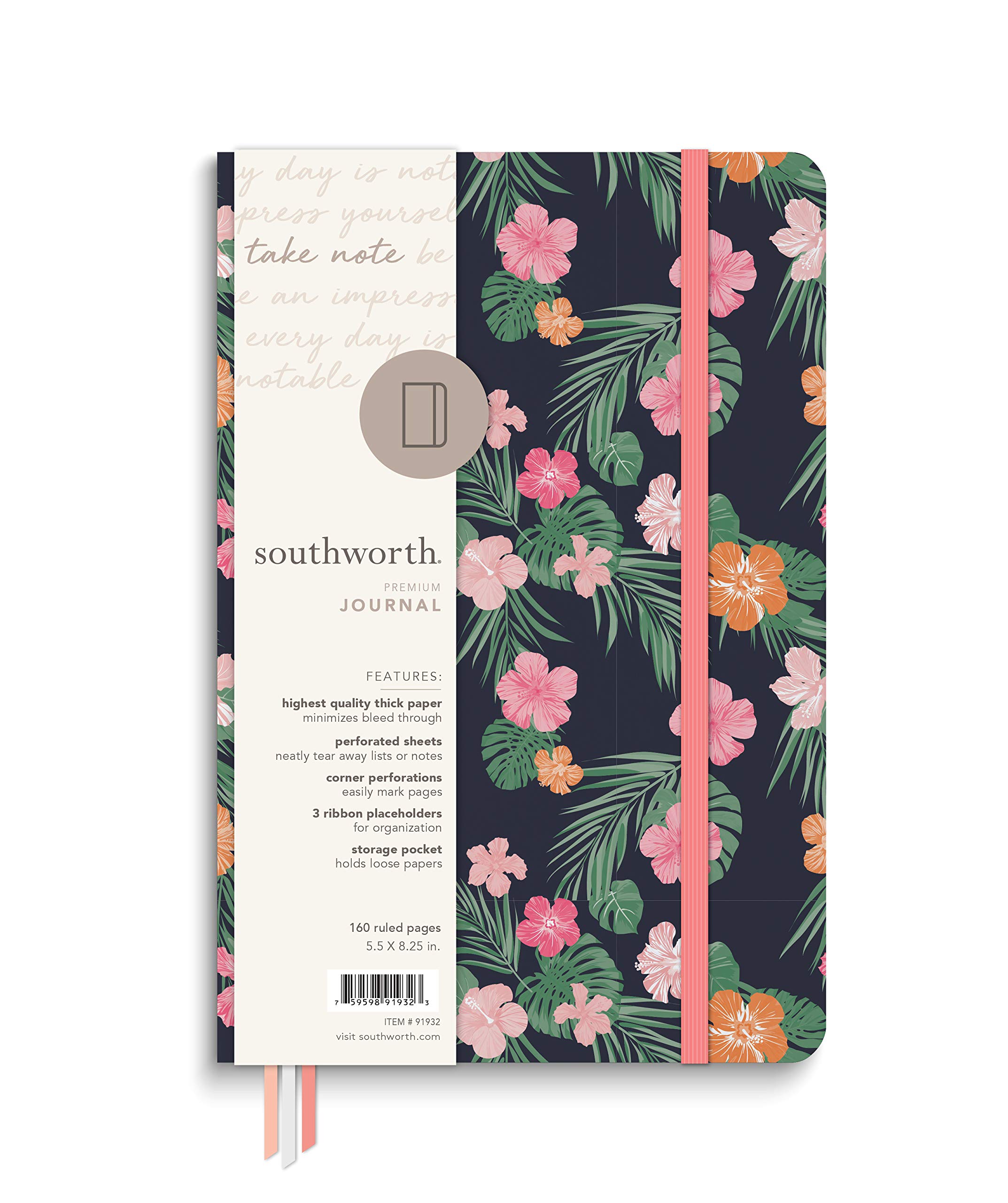 Southworth Premium Journal, 5.5” x 8.25”, Tropical Hibiscus Design, Premium 28lb/105gsm Paper, Medium Book Bound Journal, 3 Ribbon Placeholders, 80 Ruled Sheets/160 Ruled Pages (91932)